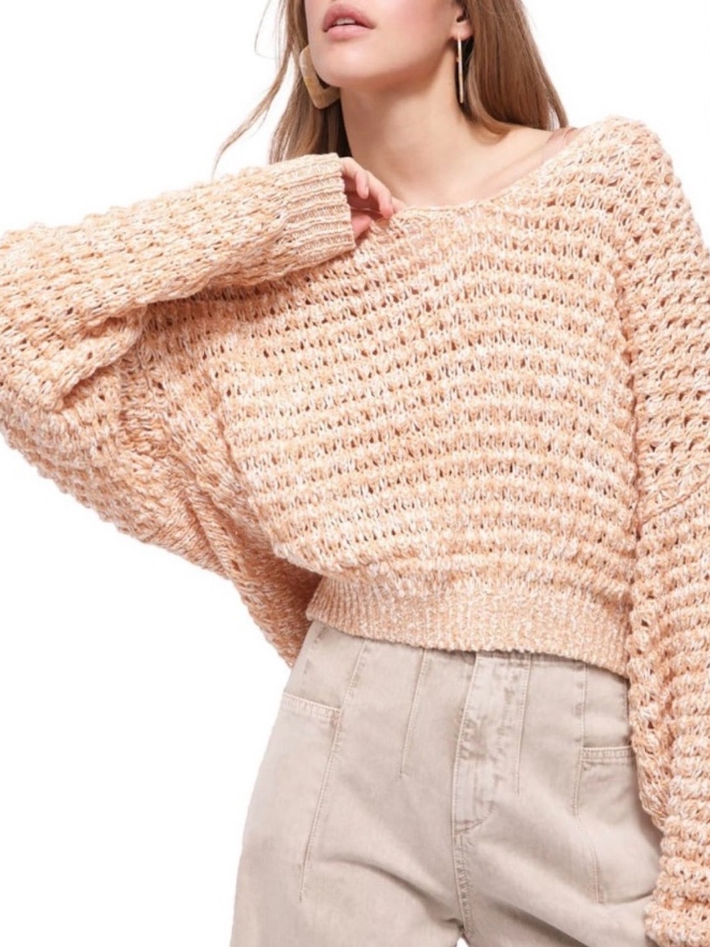 Free People Coconut V-Neck Sweater Sandy Combo Slouchy open knit oversized small